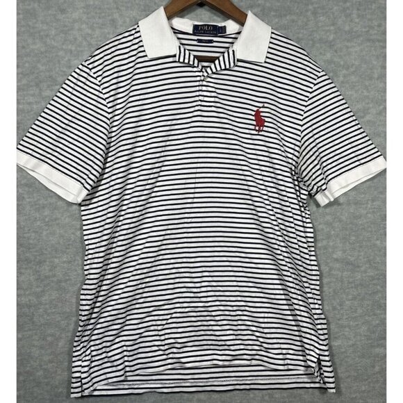 Polo Ralph Lauren Pro Fit Polo Shirt Mens Blue White Stripe Large Pony Logo L - Picture 1 of 4